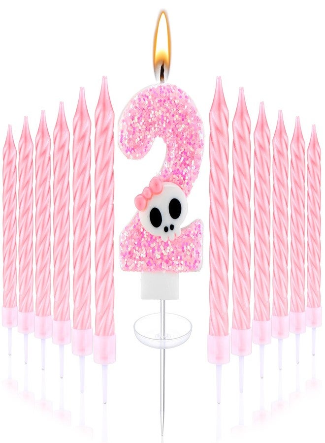 Conelist Bad Two The Bone Birthday Candle Cake Decorations, Pink Number 2 Skeleton Skull Candles, Rock and Roll 2nd Birthday Cake Topper with 12 Pink Long Taper Candle Girl Party Favors - Image 1